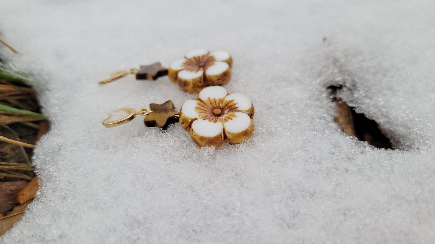 tiger's eye and white Czech glass flower earrings