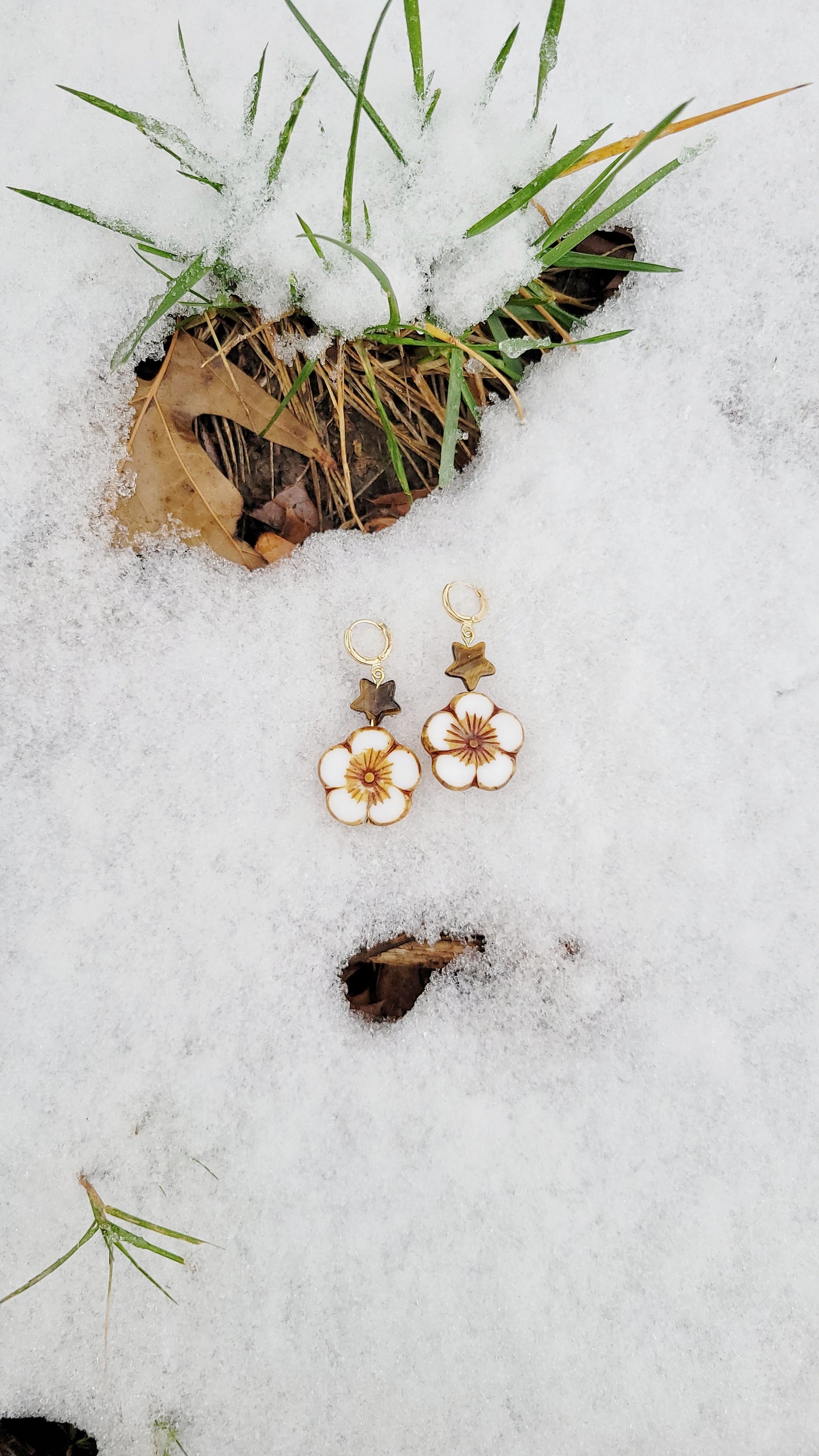 tiger's eye and white Czech glass flower earrings