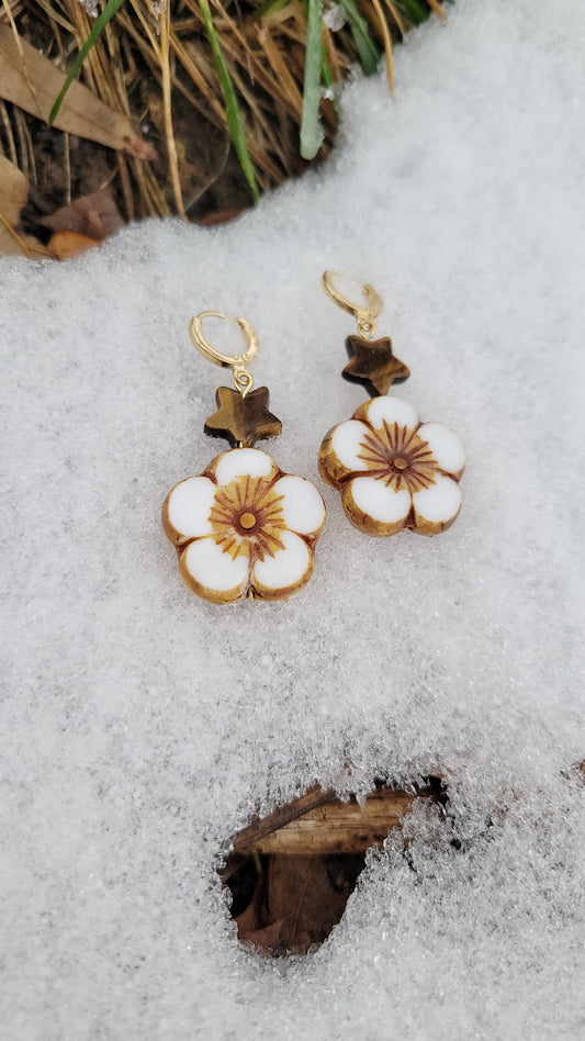tiger's eye and white Czech glass flower earrings