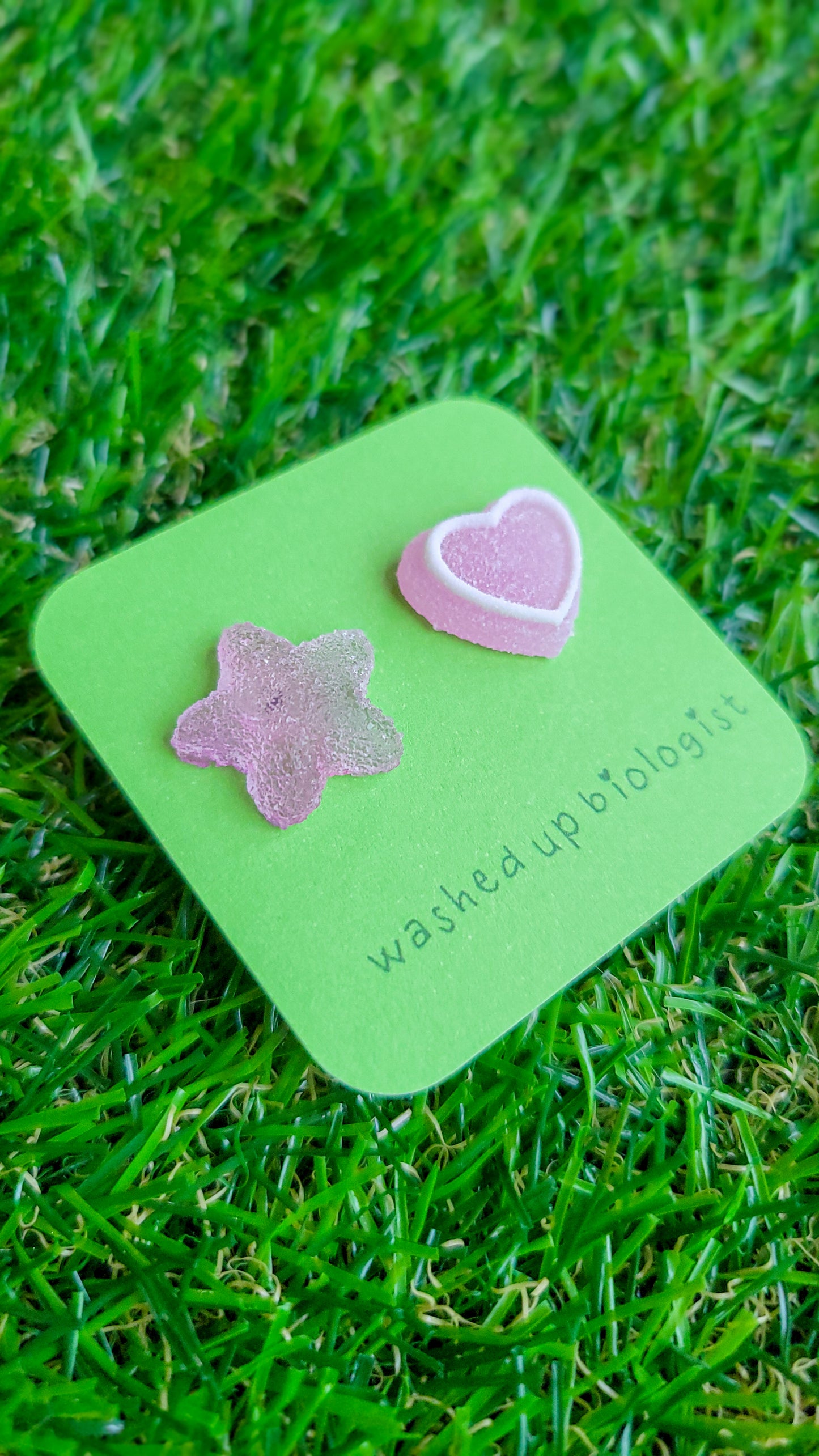 mismatched purple candy heart and star hypoallergenic stud earrings