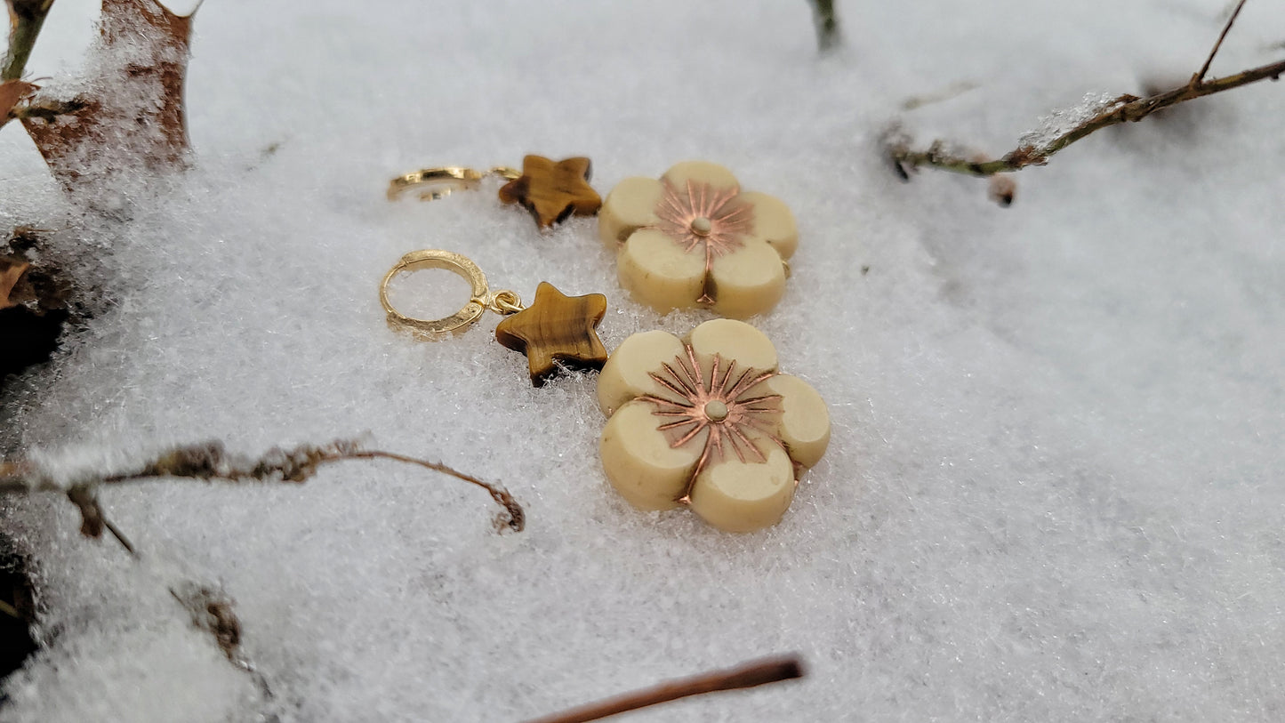 tiger's eye and beige Czech glass flower earrings