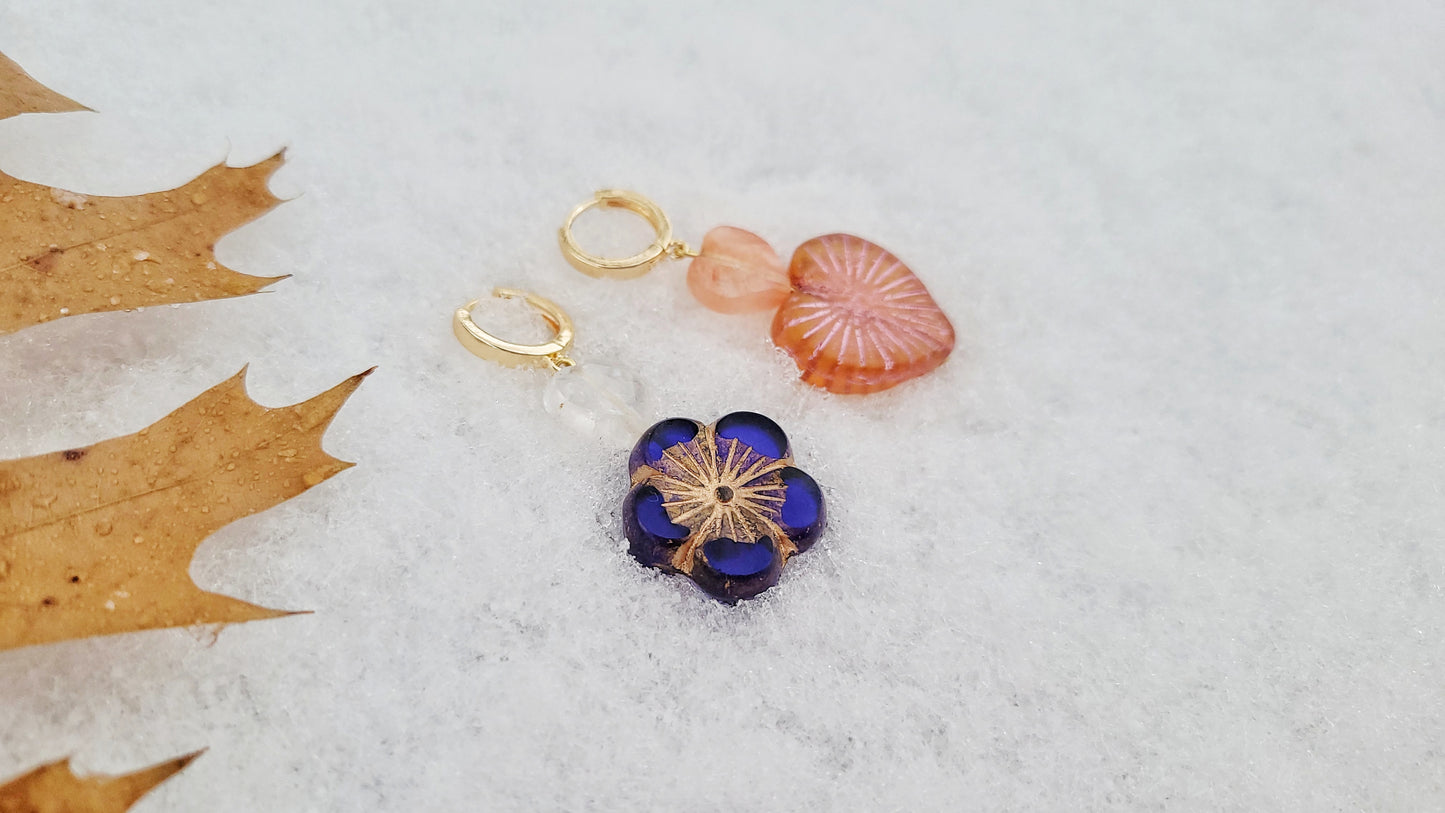 quartz and Czech glass mismatched flower and heart earrings