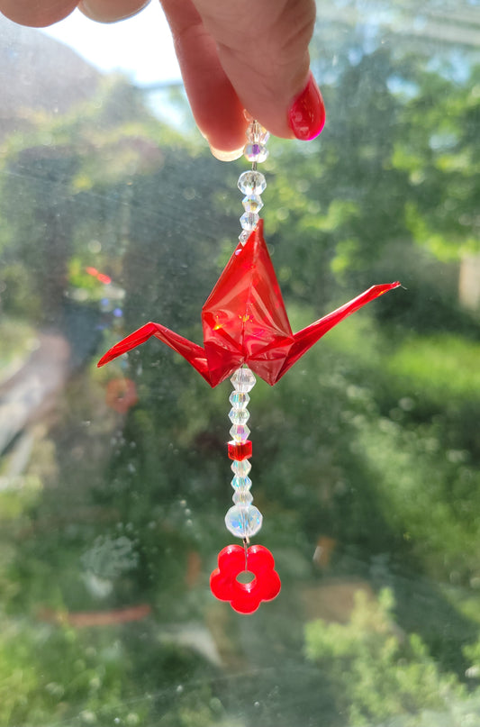 ☀️ mini red origami crane suncatcher ☀️