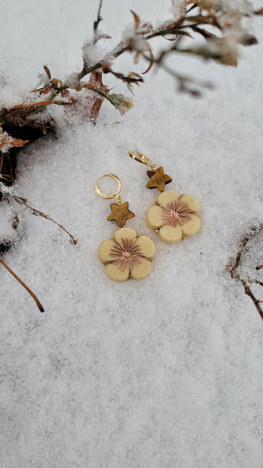 tiger's eye and beige Czech glass flower earrings