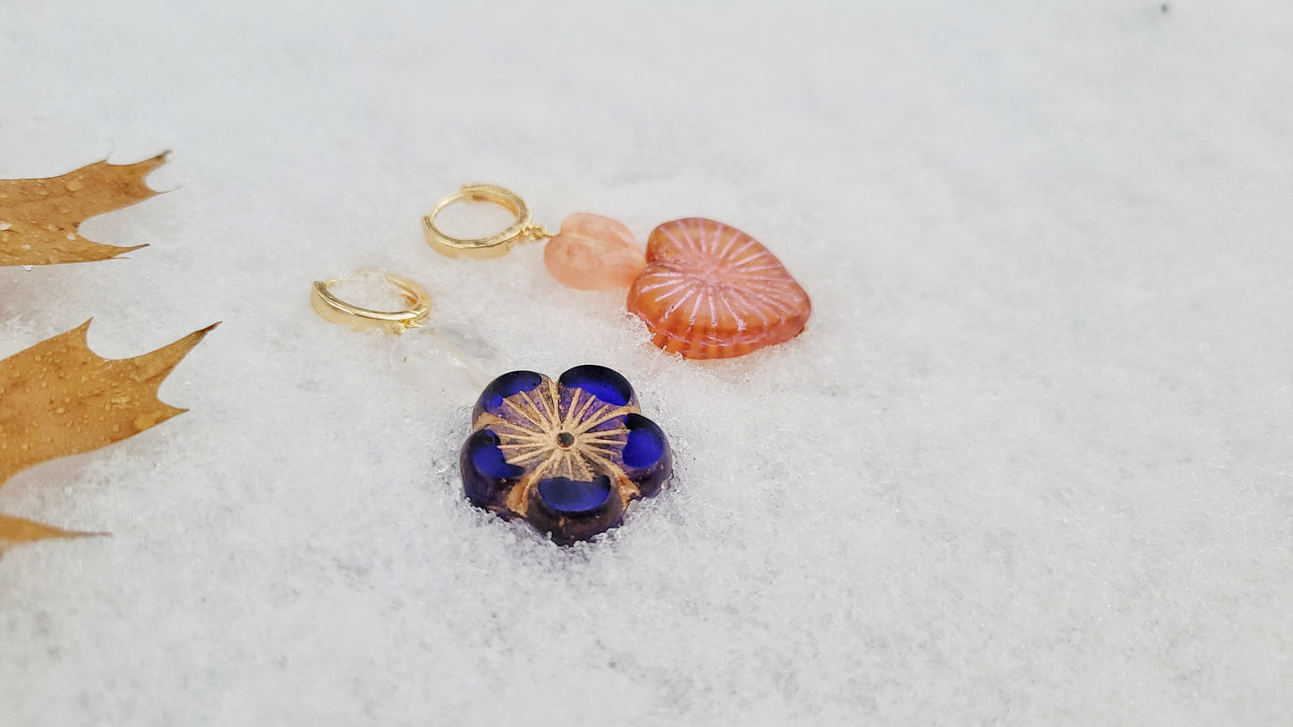 quartz and Czech glass mismatched flower and heart earrings