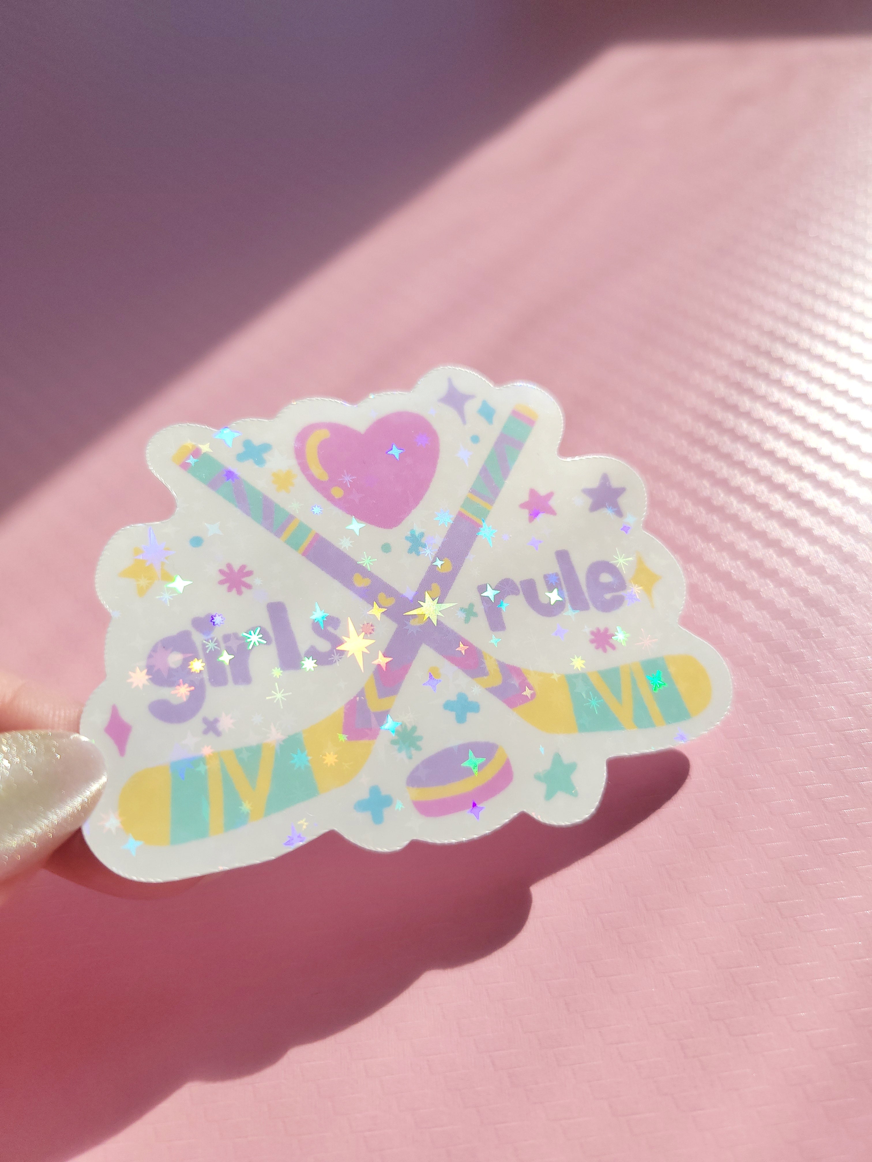 🏒 girls rule women's hockey sparkle holographic vinyl sticker 🏒