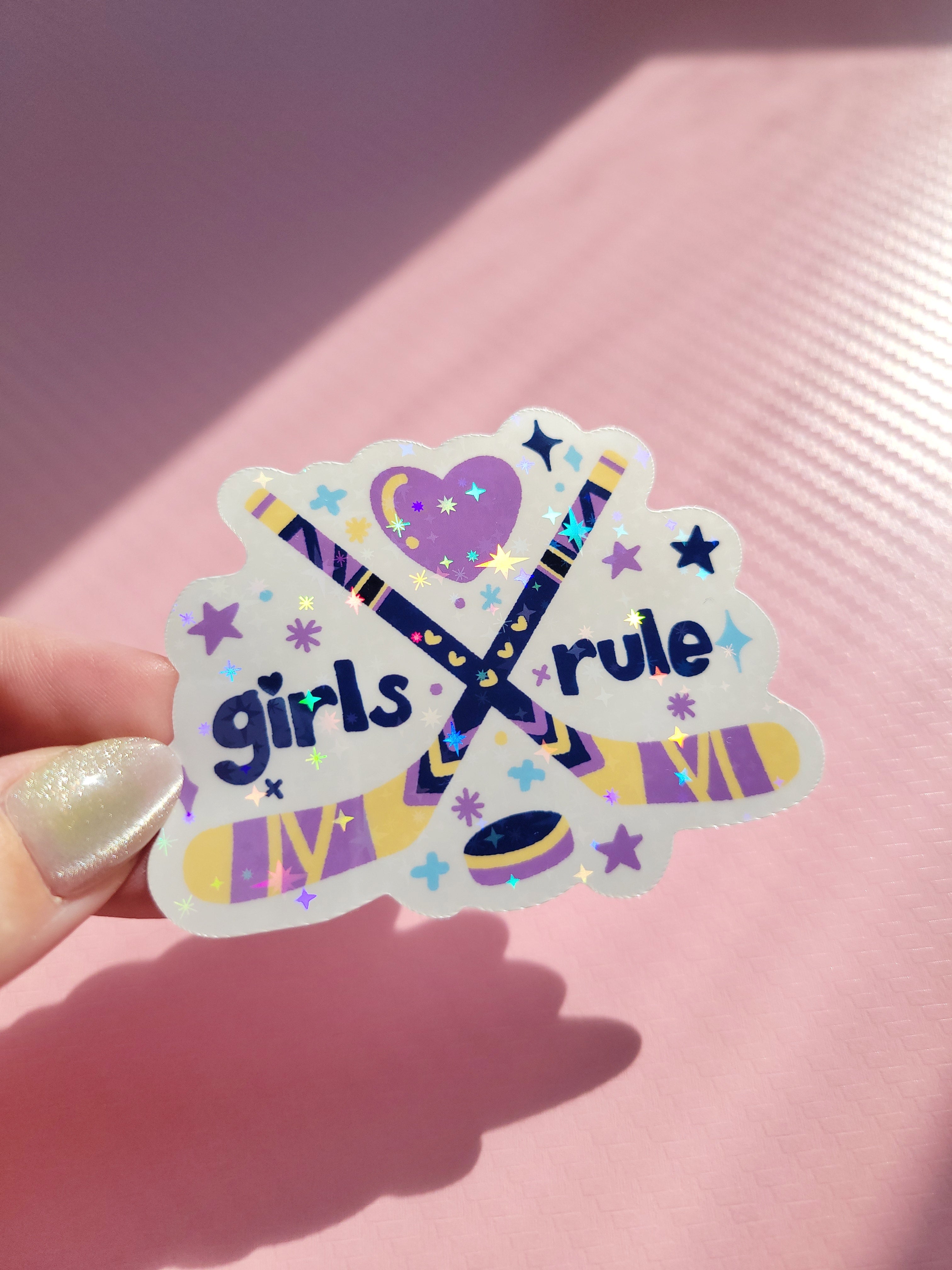 🏒 girls rule women's hockey sparkle holographic vinyl sticker 🏒