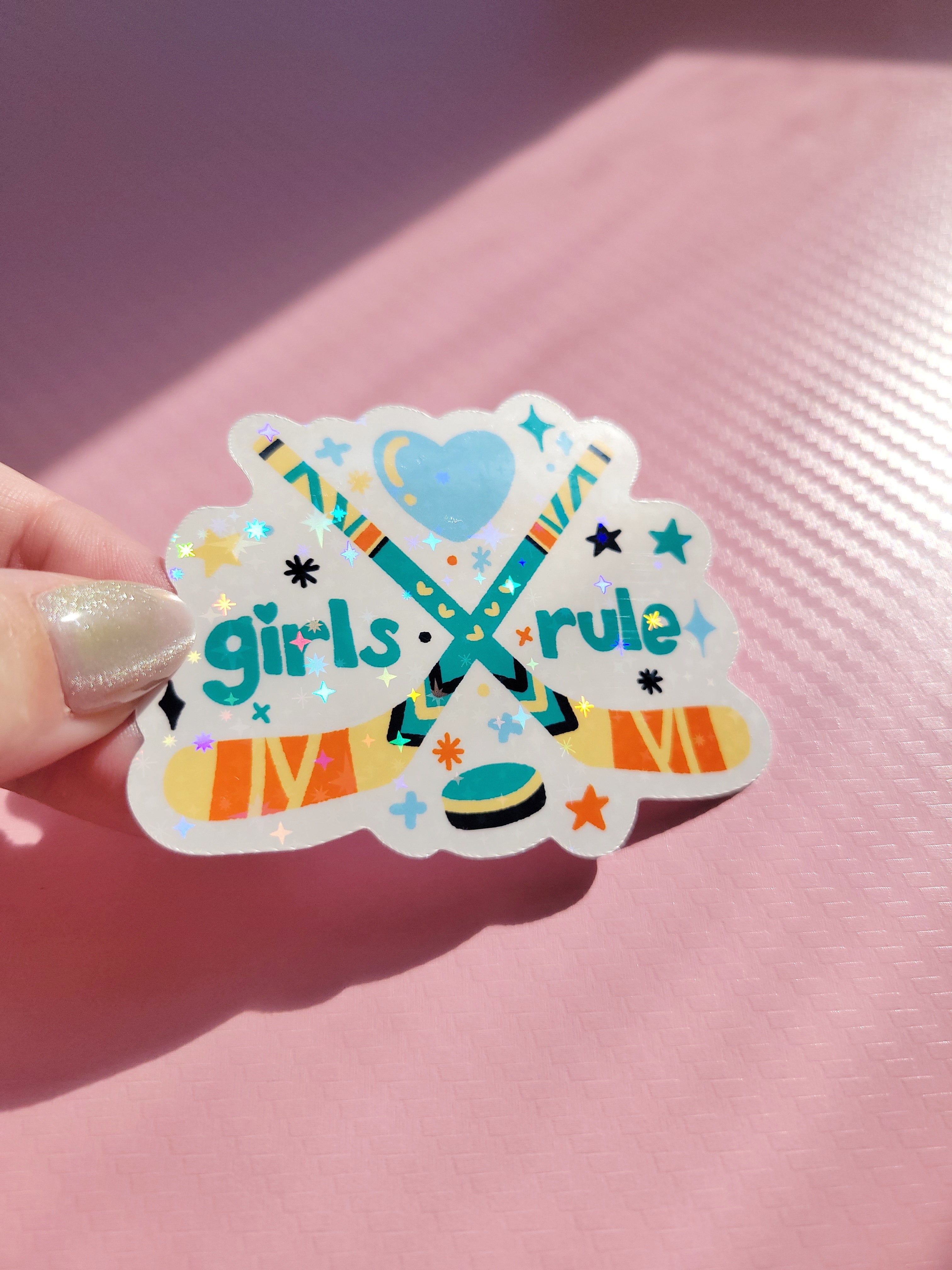 🏒 girls rule women's hockey sparkle holographic vinyl sticker 🏒