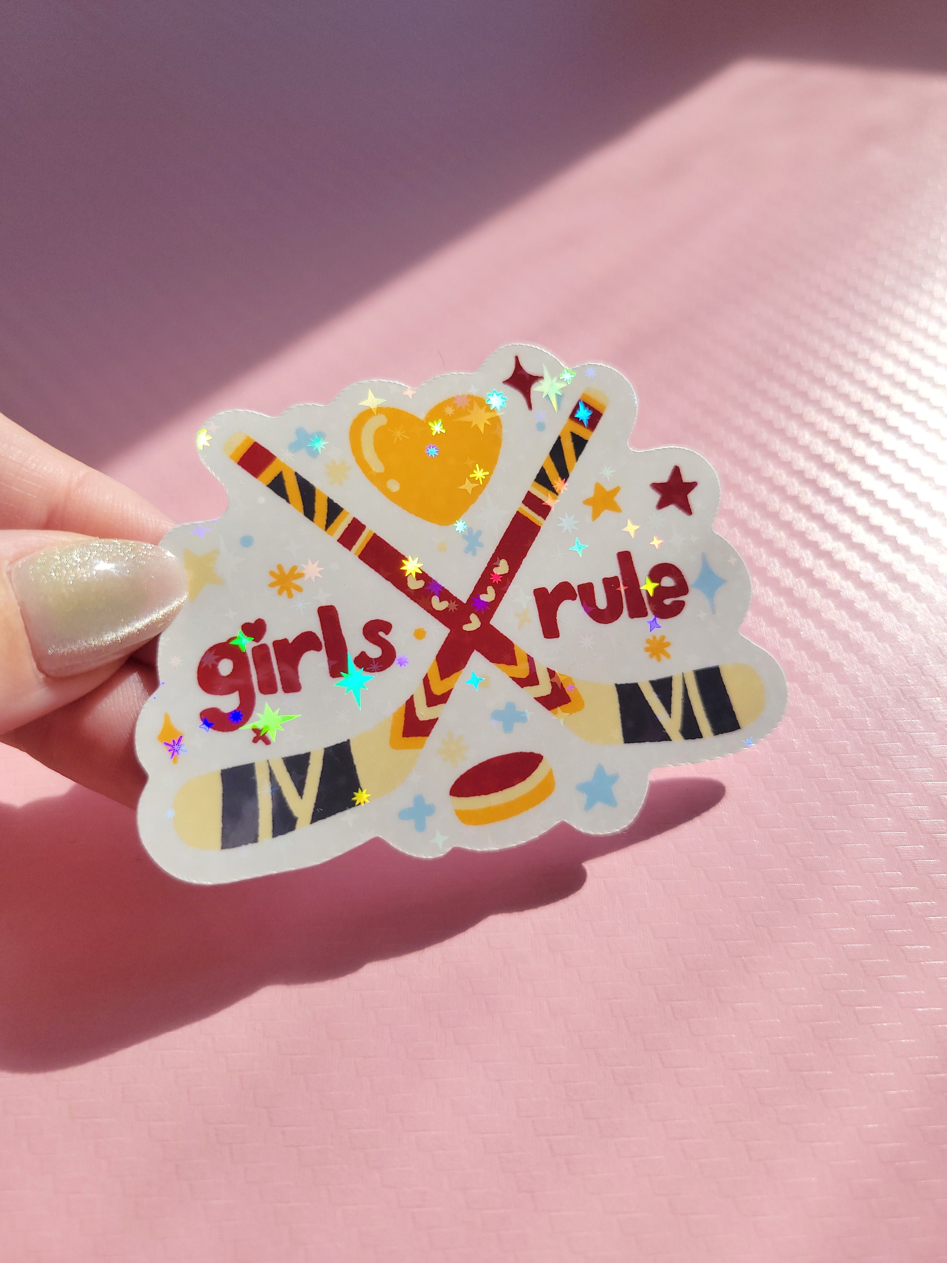 🏒 girls rule women's hockey sparkle holographic vinyl sticker 🏒