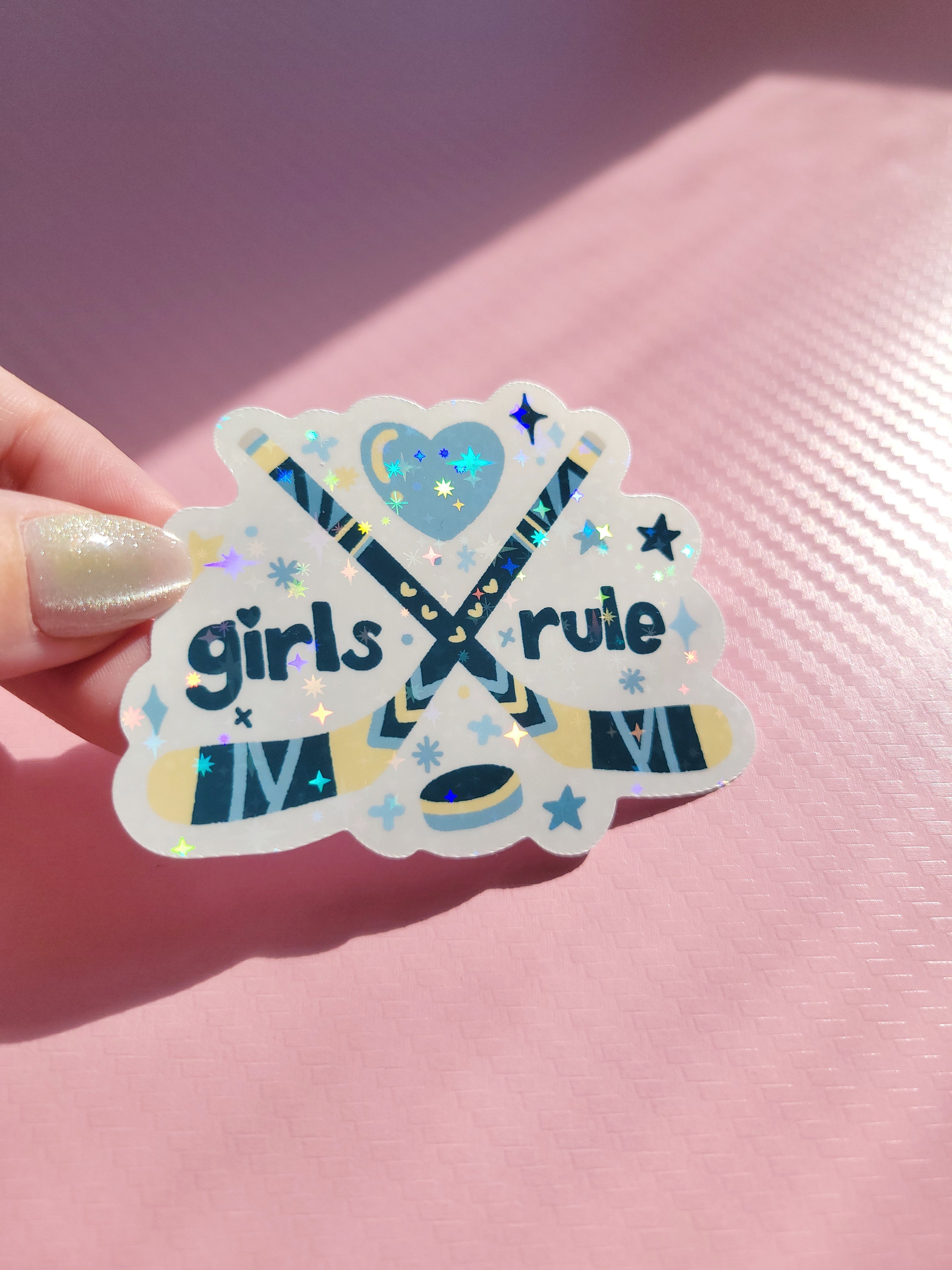 🏒 girls rule women's hockey sparkle holographic vinyl sticker 🏒