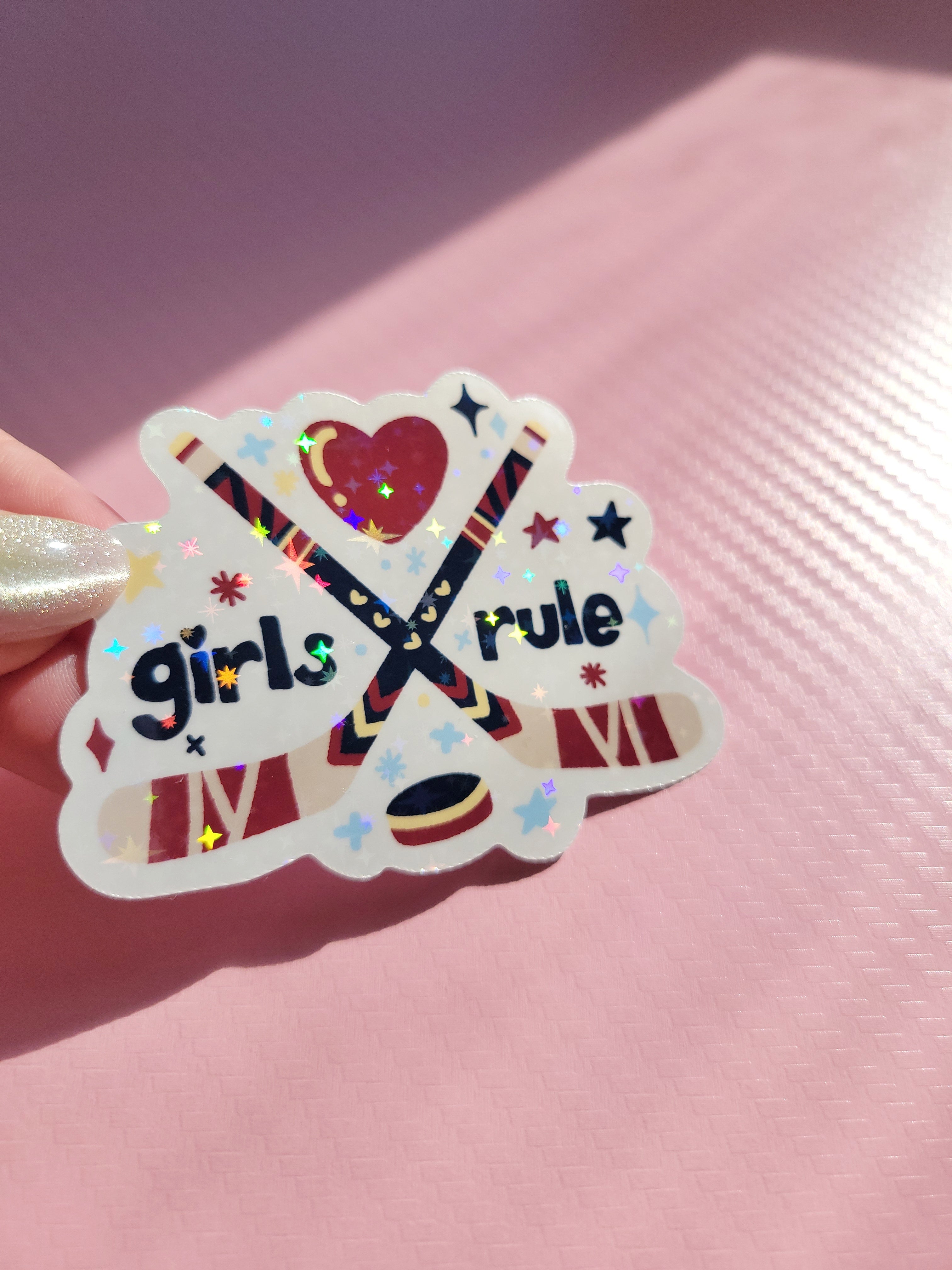 🏒 girls rule women's hockey sparkle holographic vinyl sticker 🏒