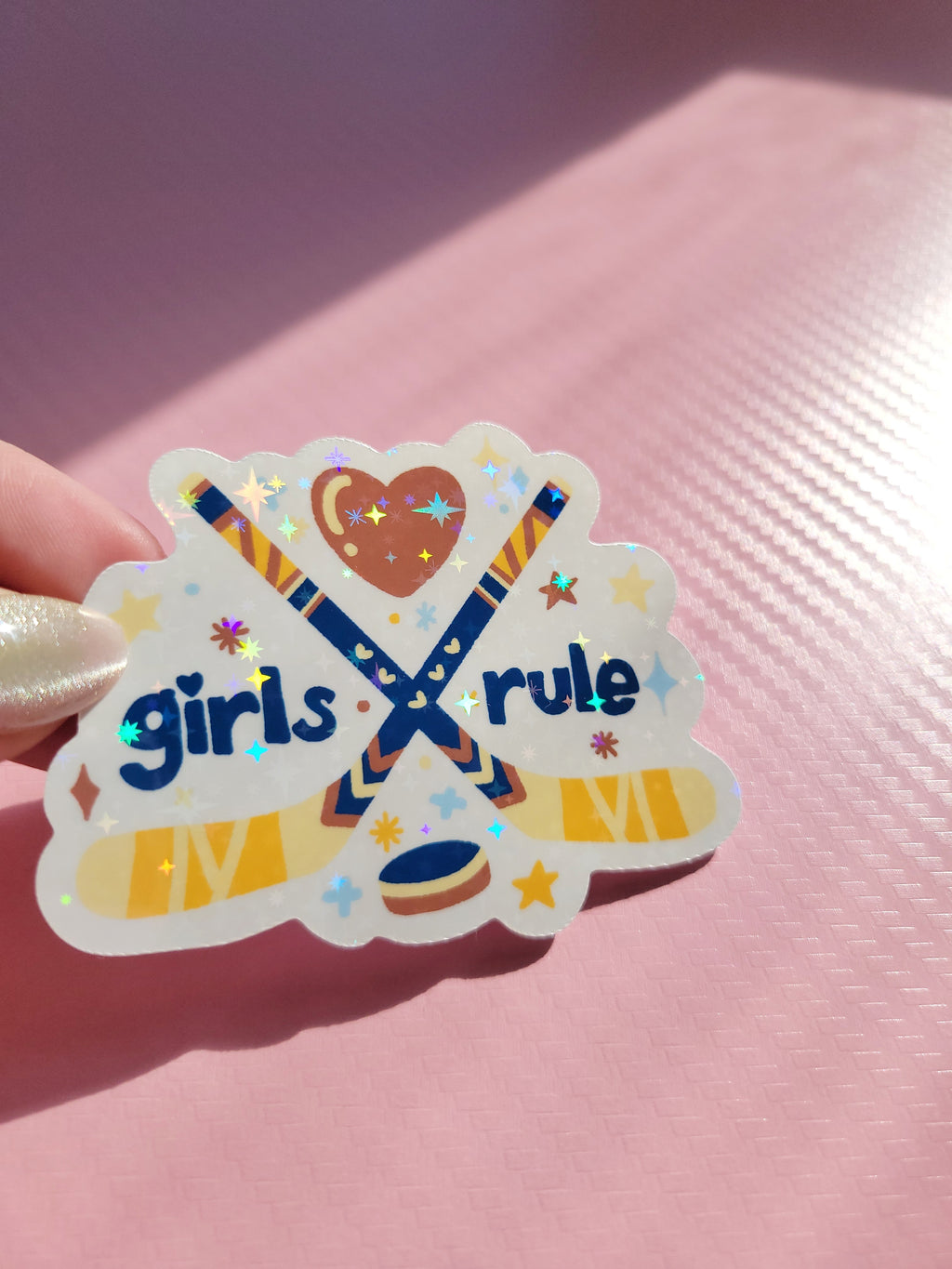 🏒 girls rule women's hockey sparkle holographic vinyl sticker 🏒