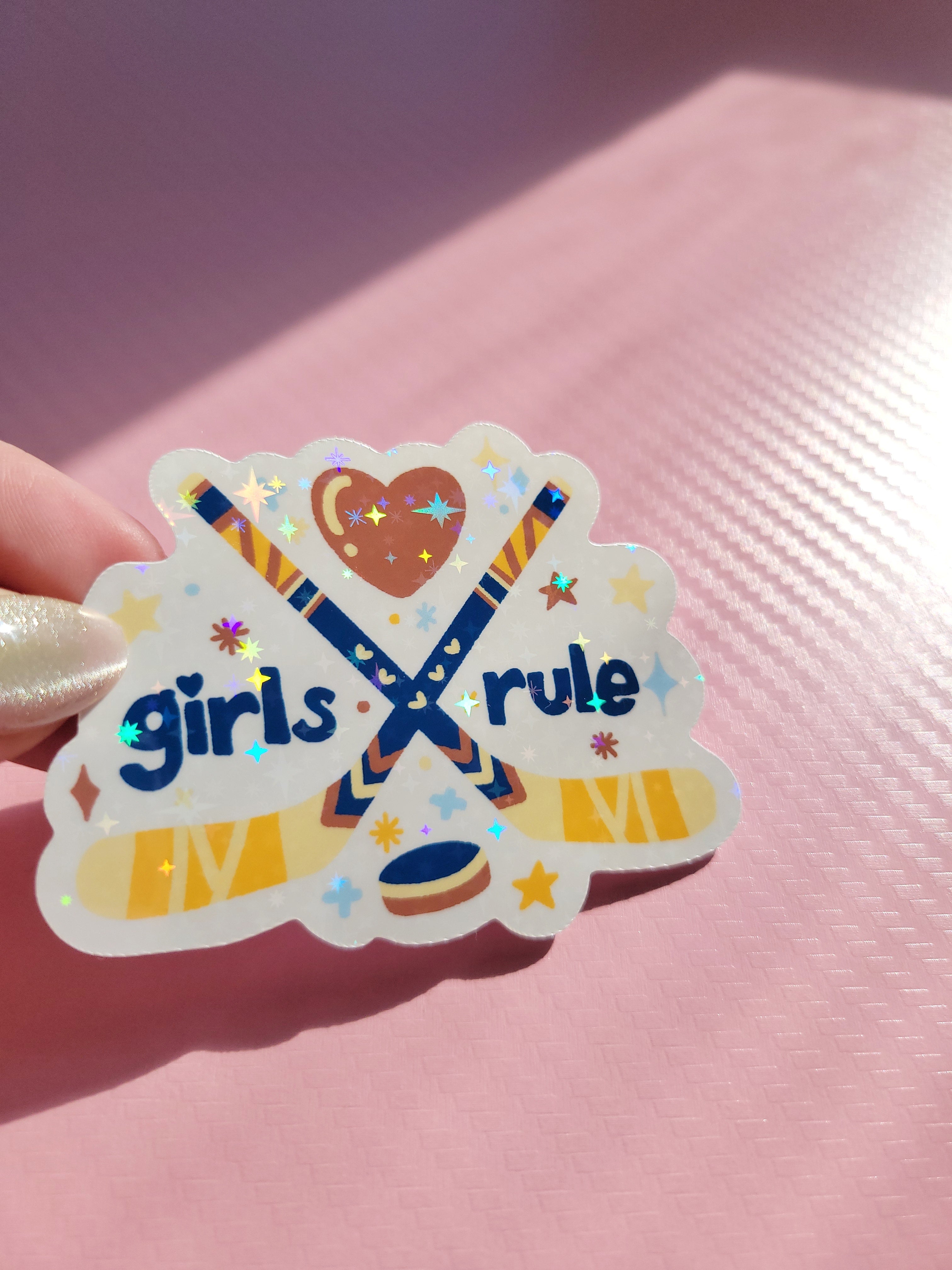 🏒 girls rule women's hockey sparkle holographic vinyl sticker 🏒