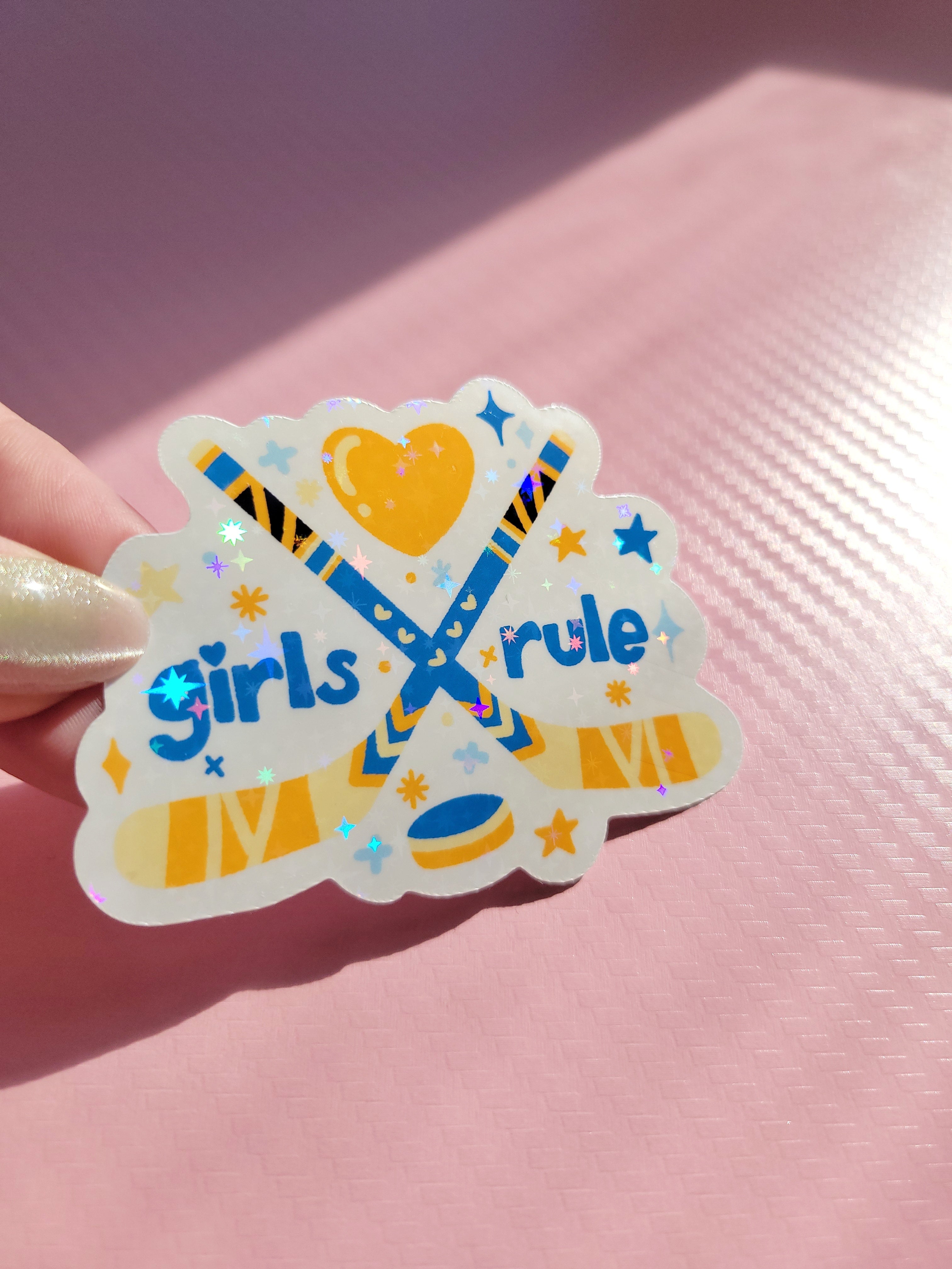 🏒 girls rule women's hockey sparkle holographic vinyl sticker 🏒
