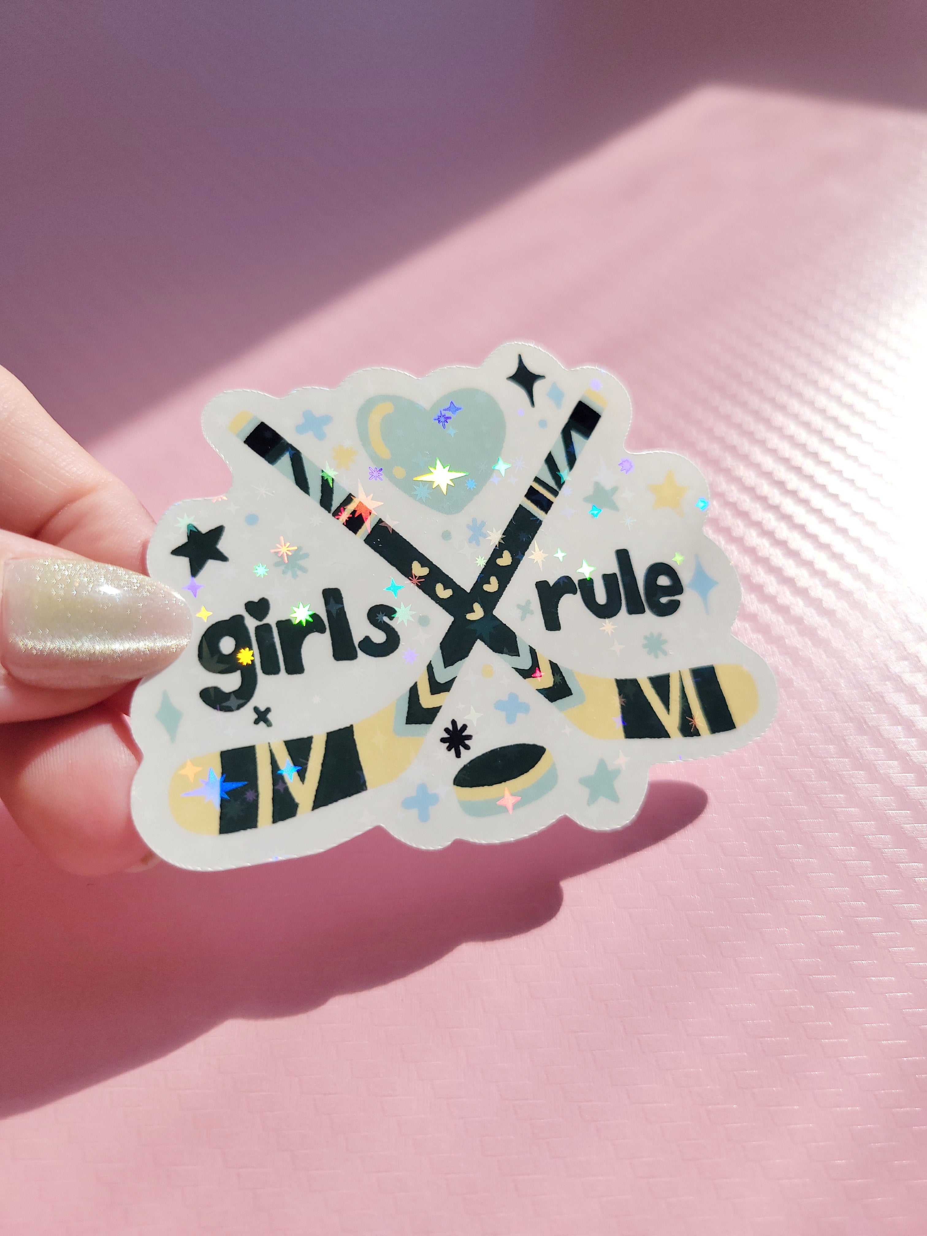 🏒 girls rule women's hockey sparkle holographic vinyl sticker 🏒