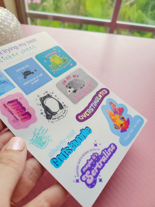 i'm just trying my best sticker sheet (4x6): mental health stickers