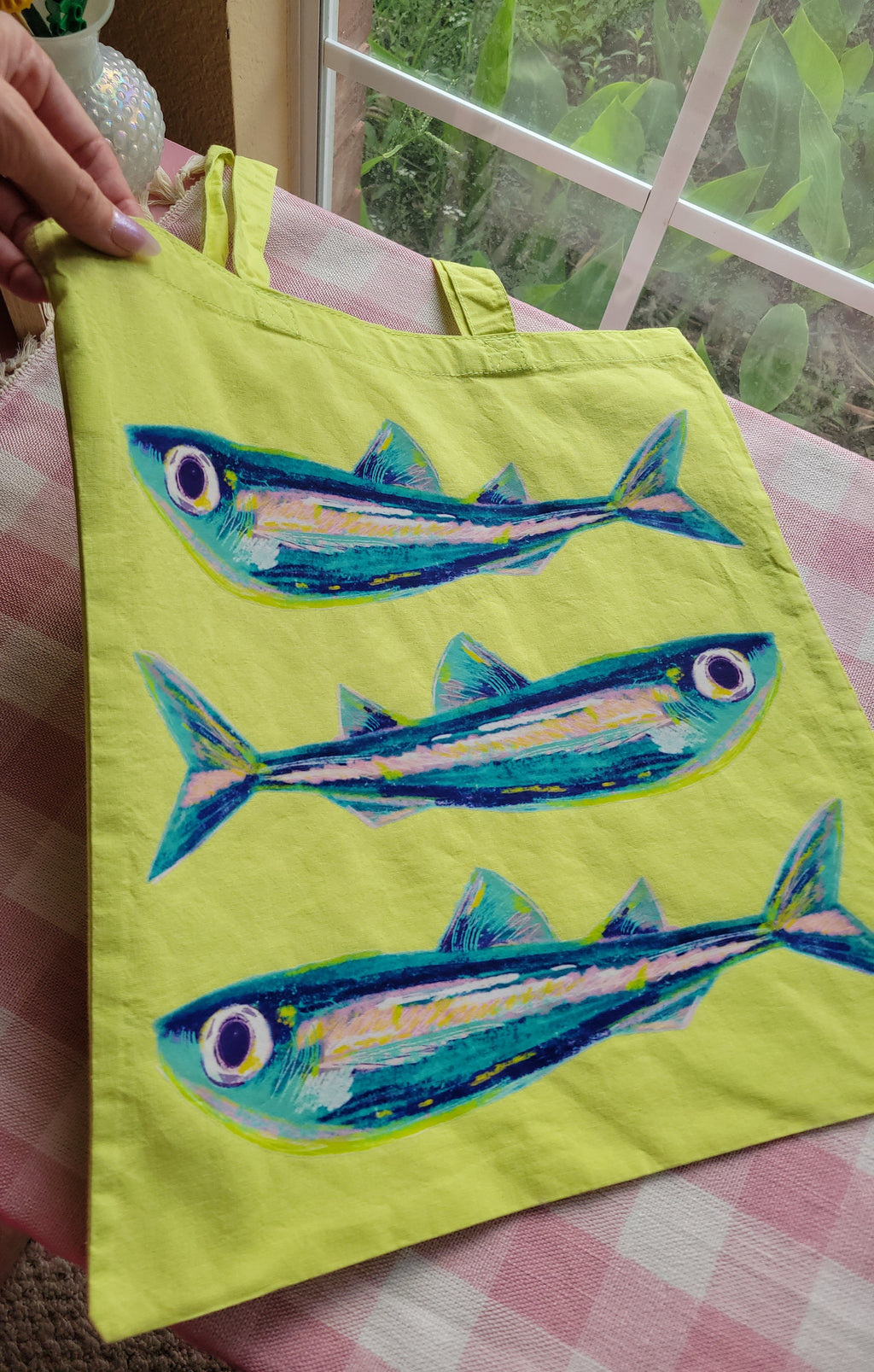 sardines lime green lightweight tote bag heat pressed