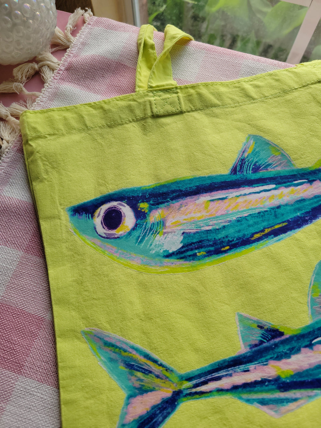 sardines lime green lightweight tote bag heat pressed