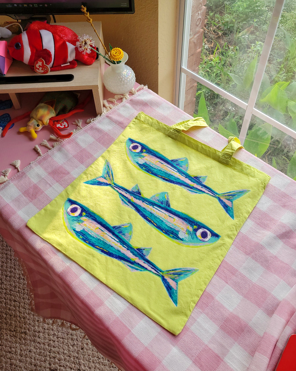sardines lime green lightweight tote bag heat pressed