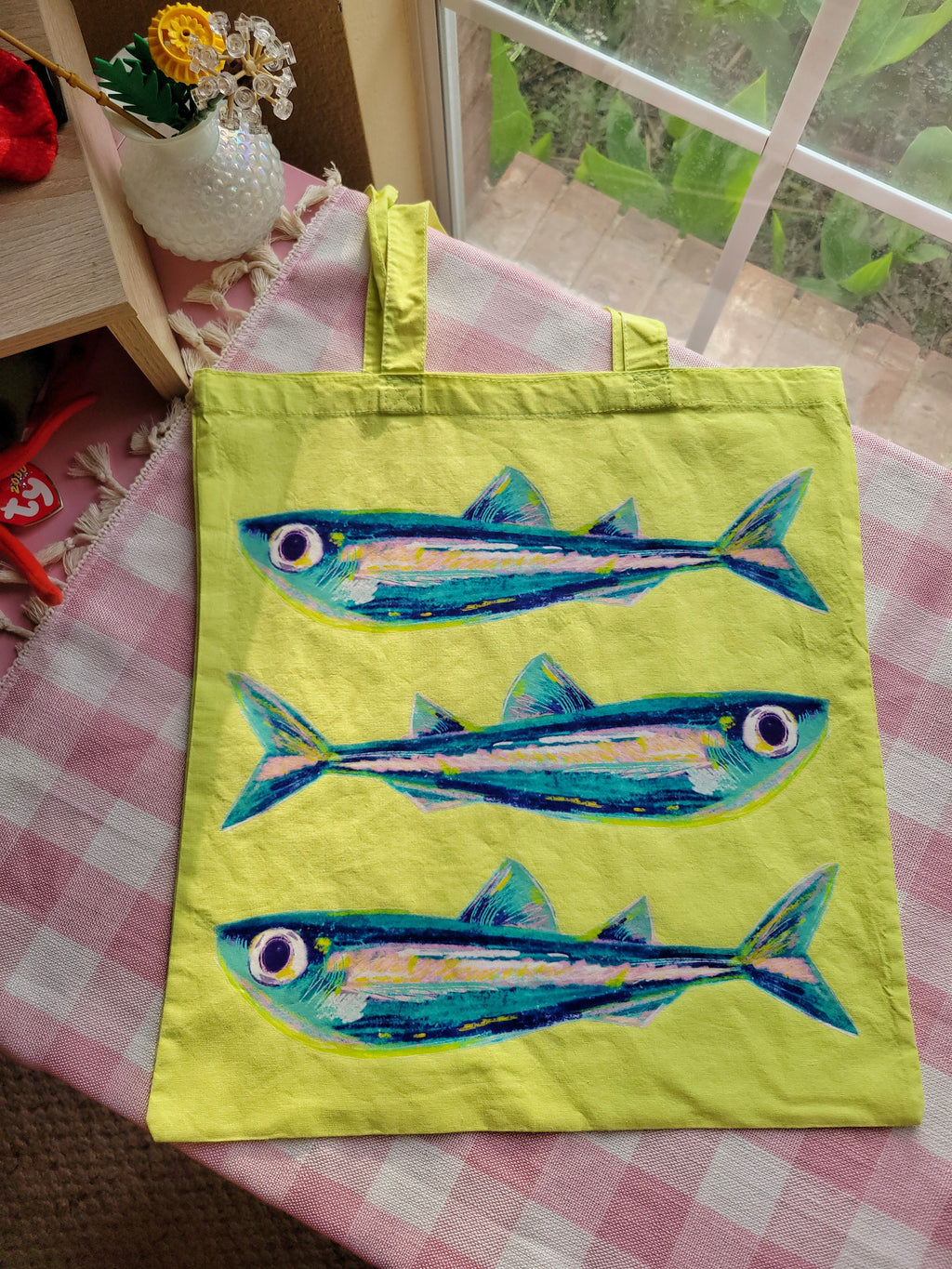 sardines lime green lightweight tote bag heat pressed