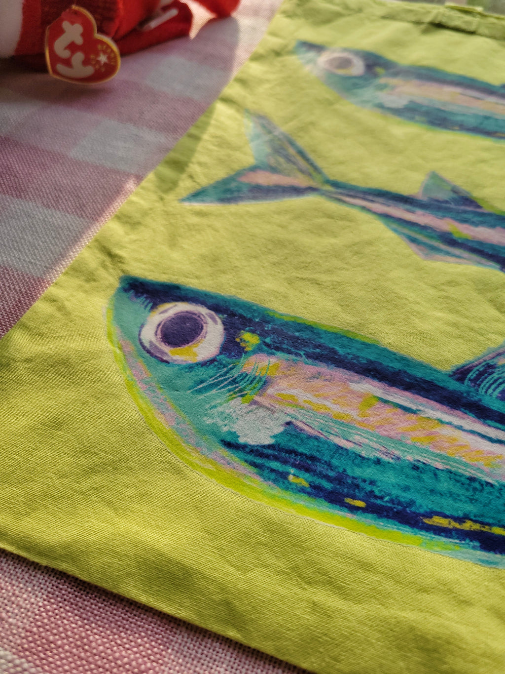 sardines lime green lightweight tote bag heat pressed