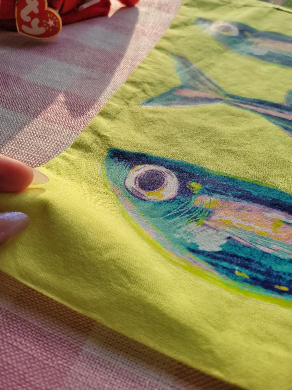 sardines lime green lightweight tote bag heat pressed