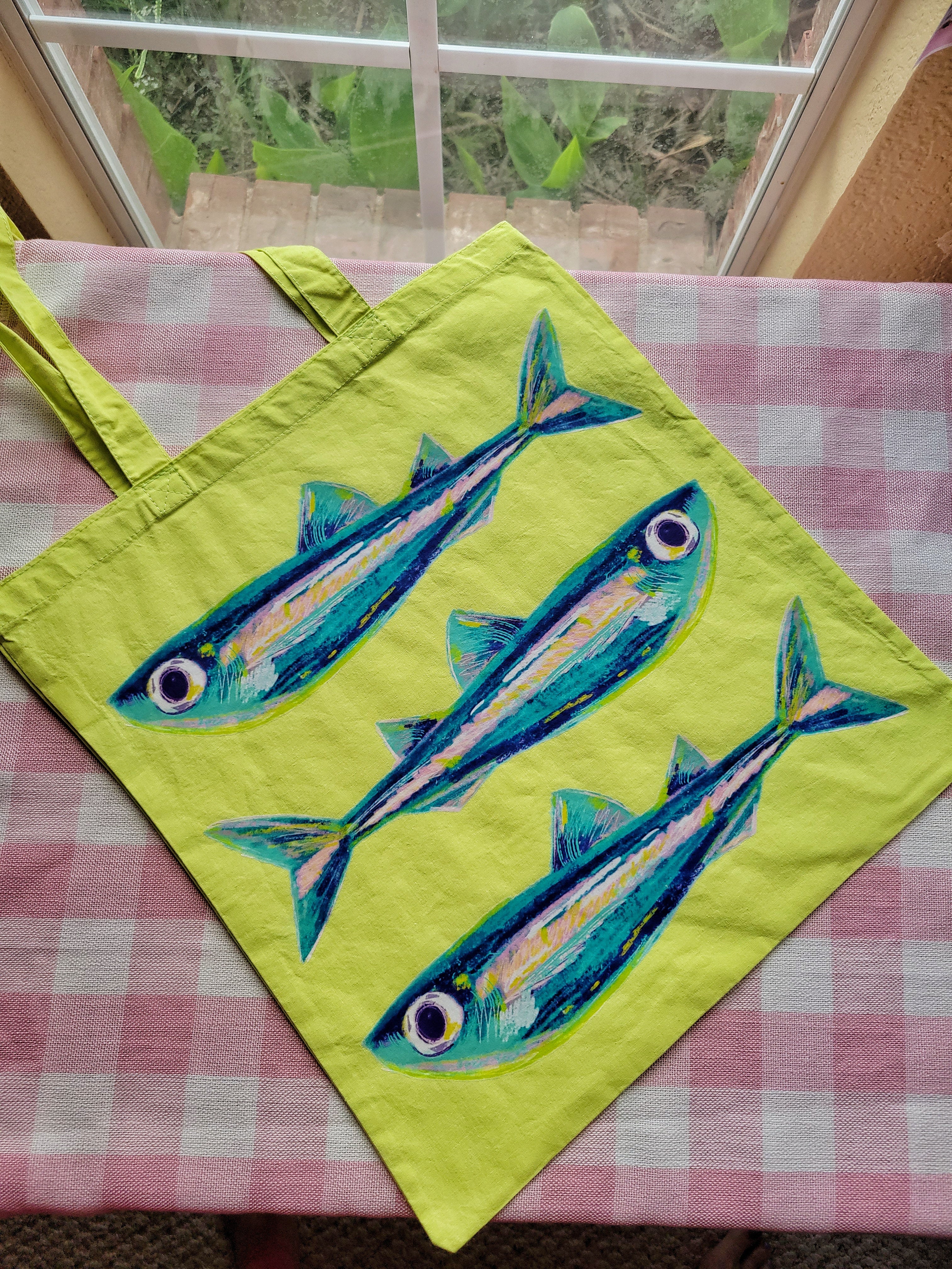 sardines lime green lightweight tote bag heat pressed
