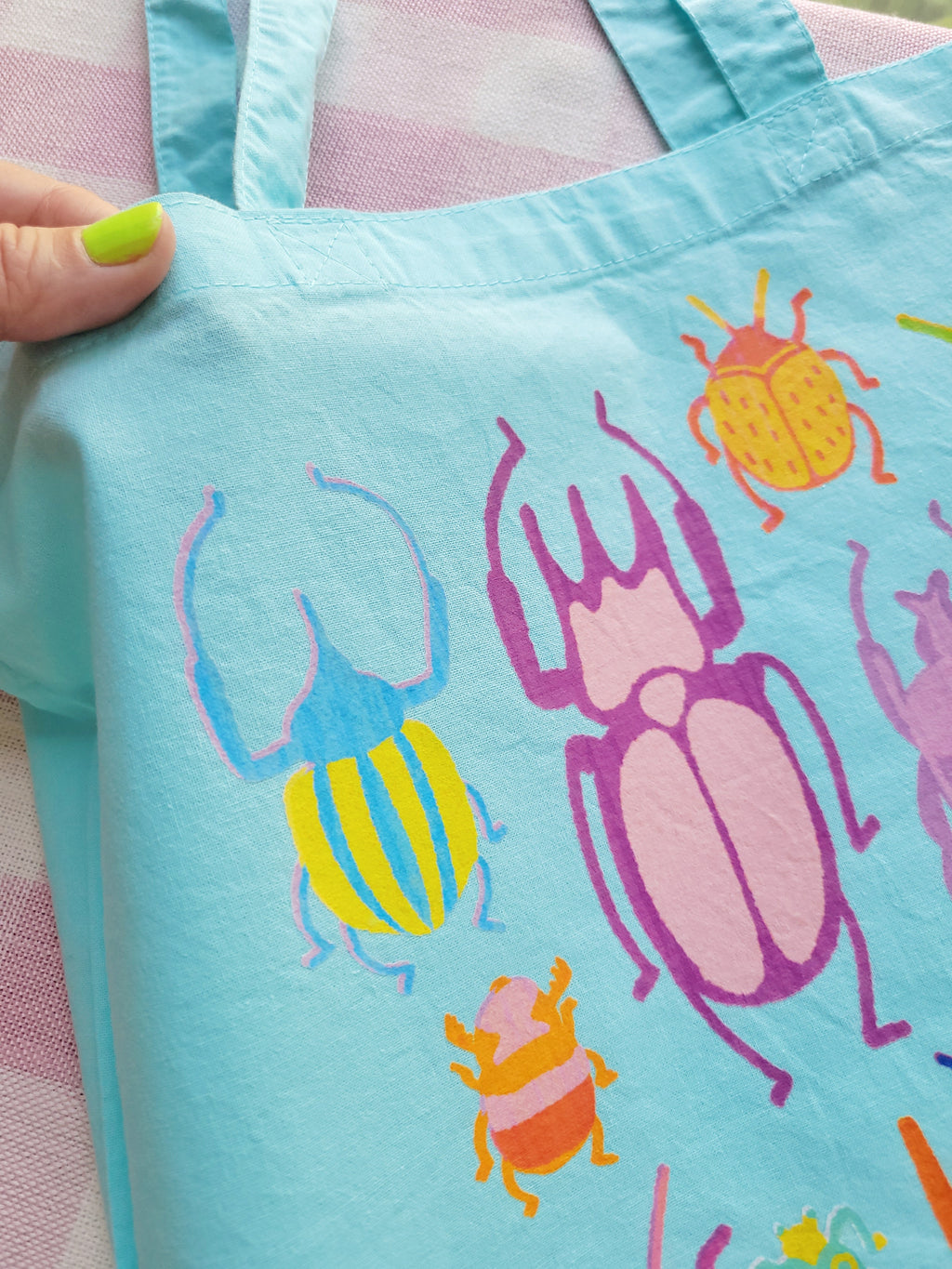 bright bugs light blue lightweight tote bag heat pressed