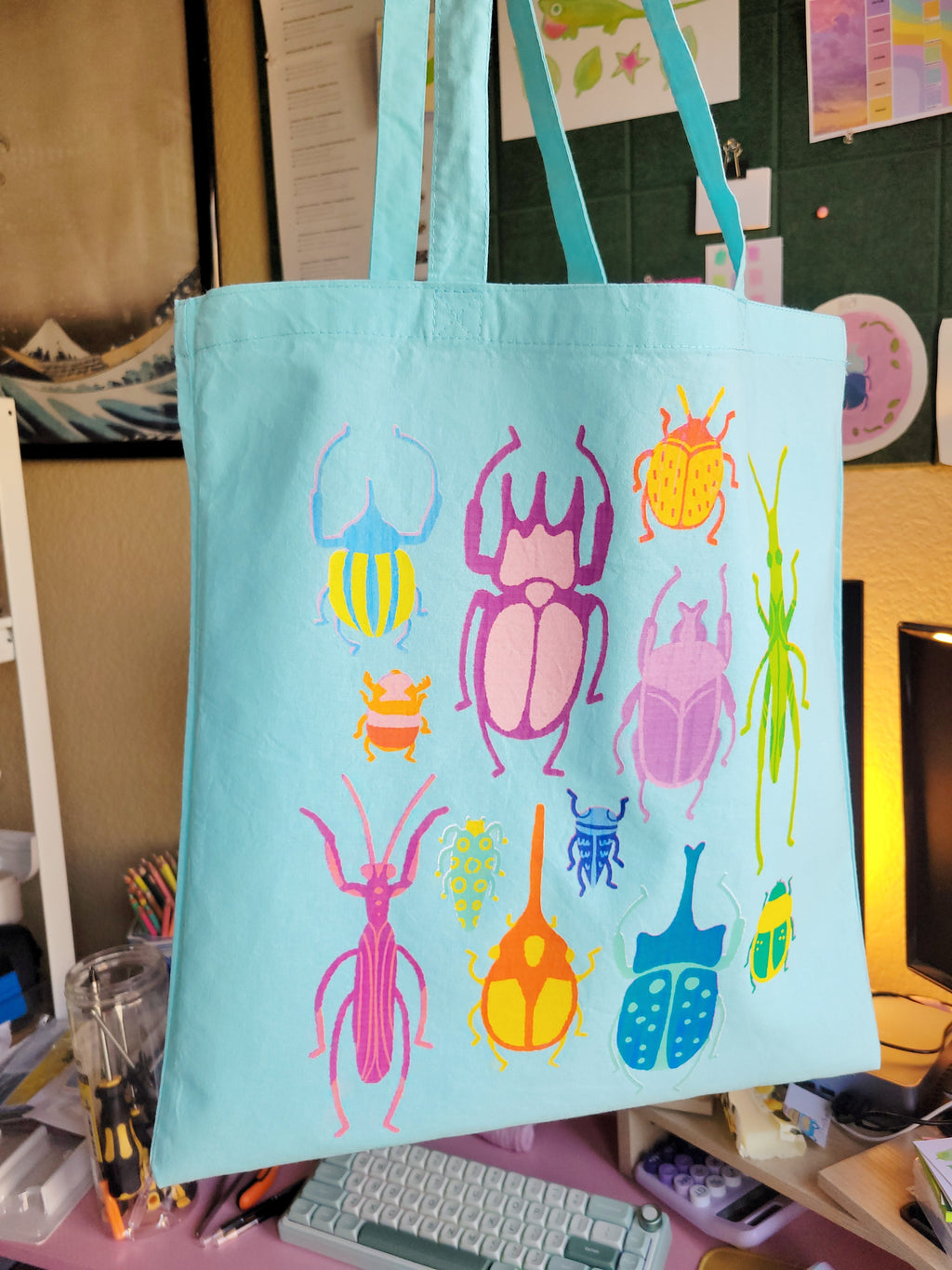 bright bugs light blue lightweight tote bag heat pressed