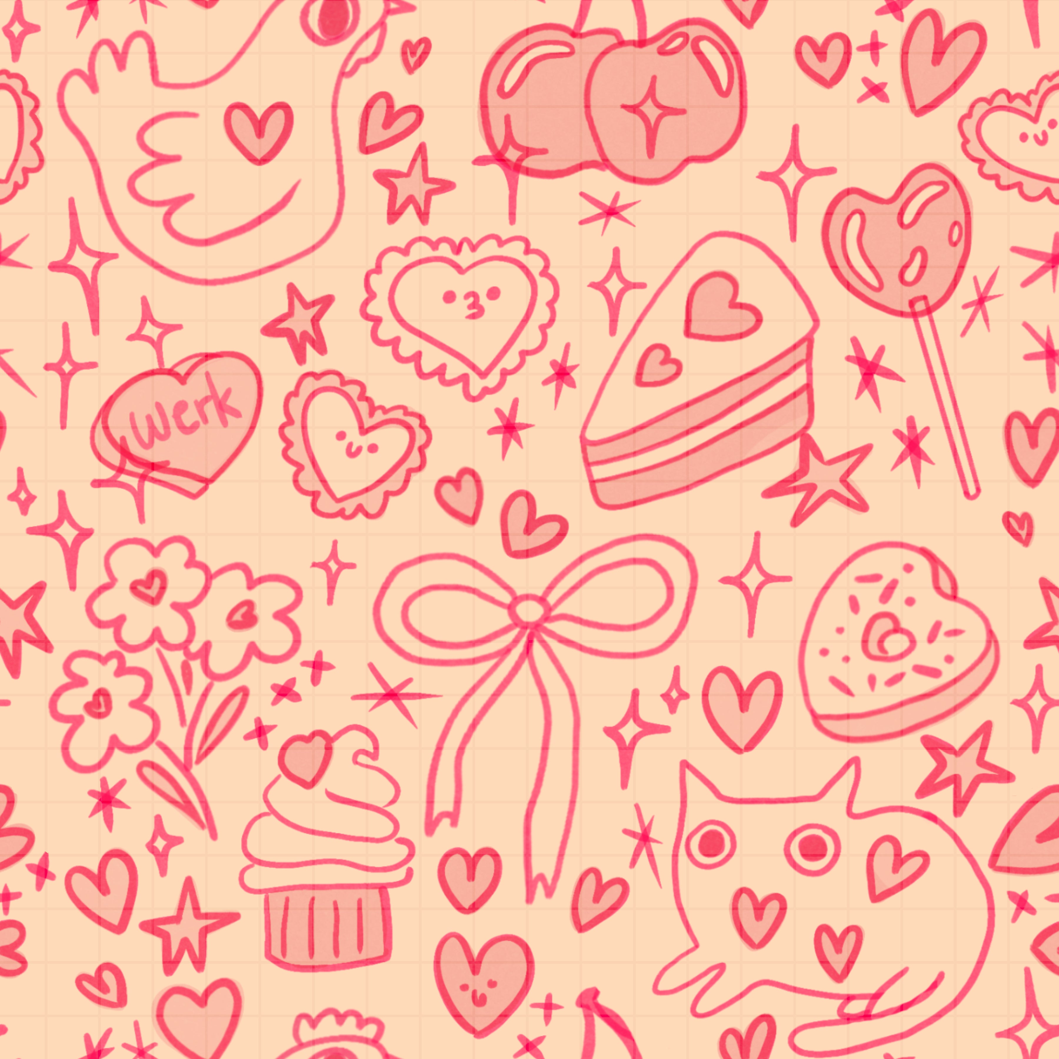 🐔 coquette cat & chicken hearts seamless pattern digital file 🐔