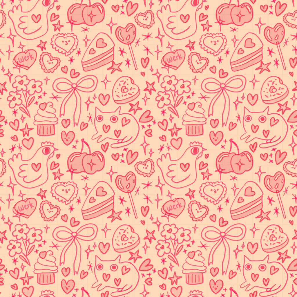 🐔 coquette cat & chicken hearts seamless pattern digital file 🐔