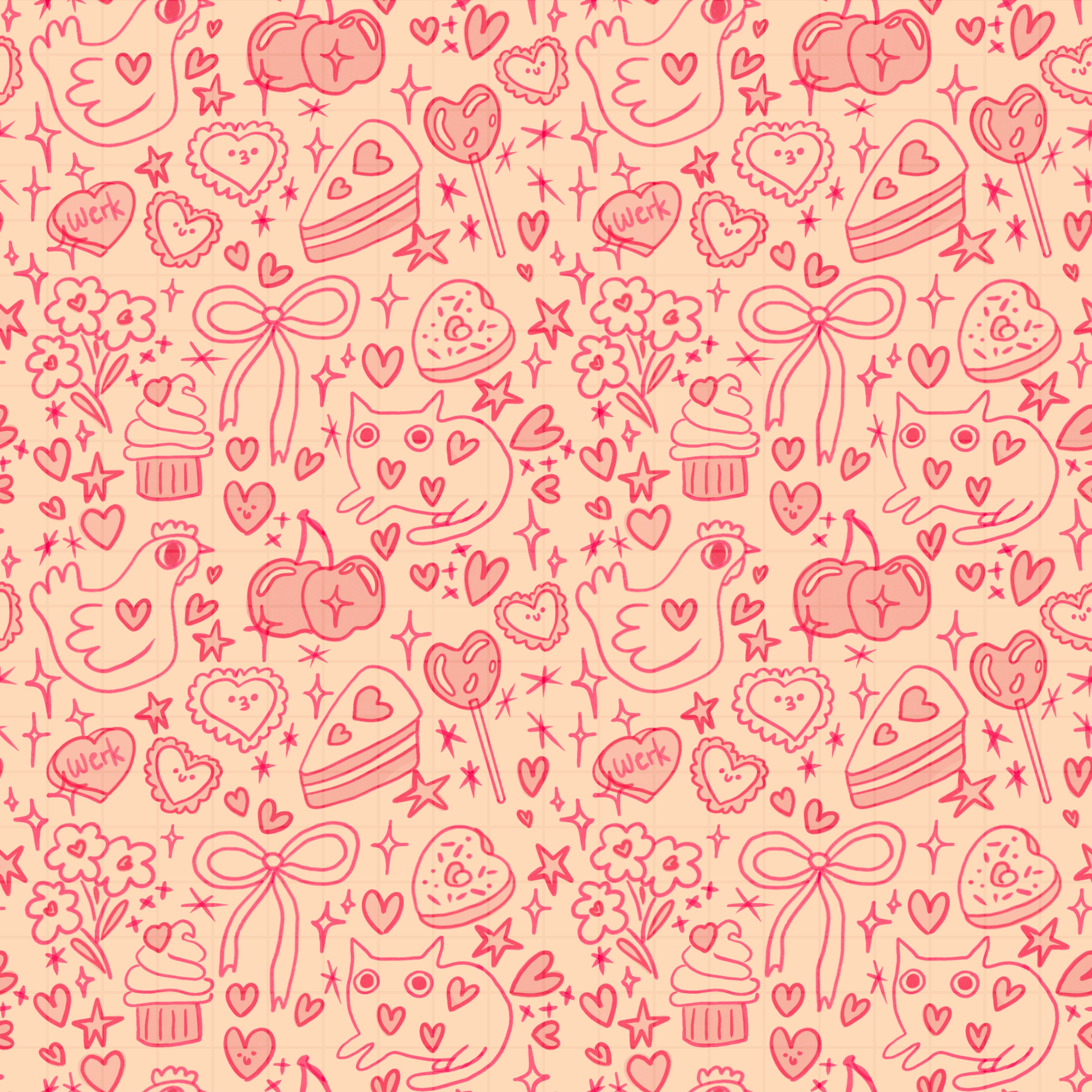 🐔 coquette cat & chicken hearts seamless pattern digital file 🐔