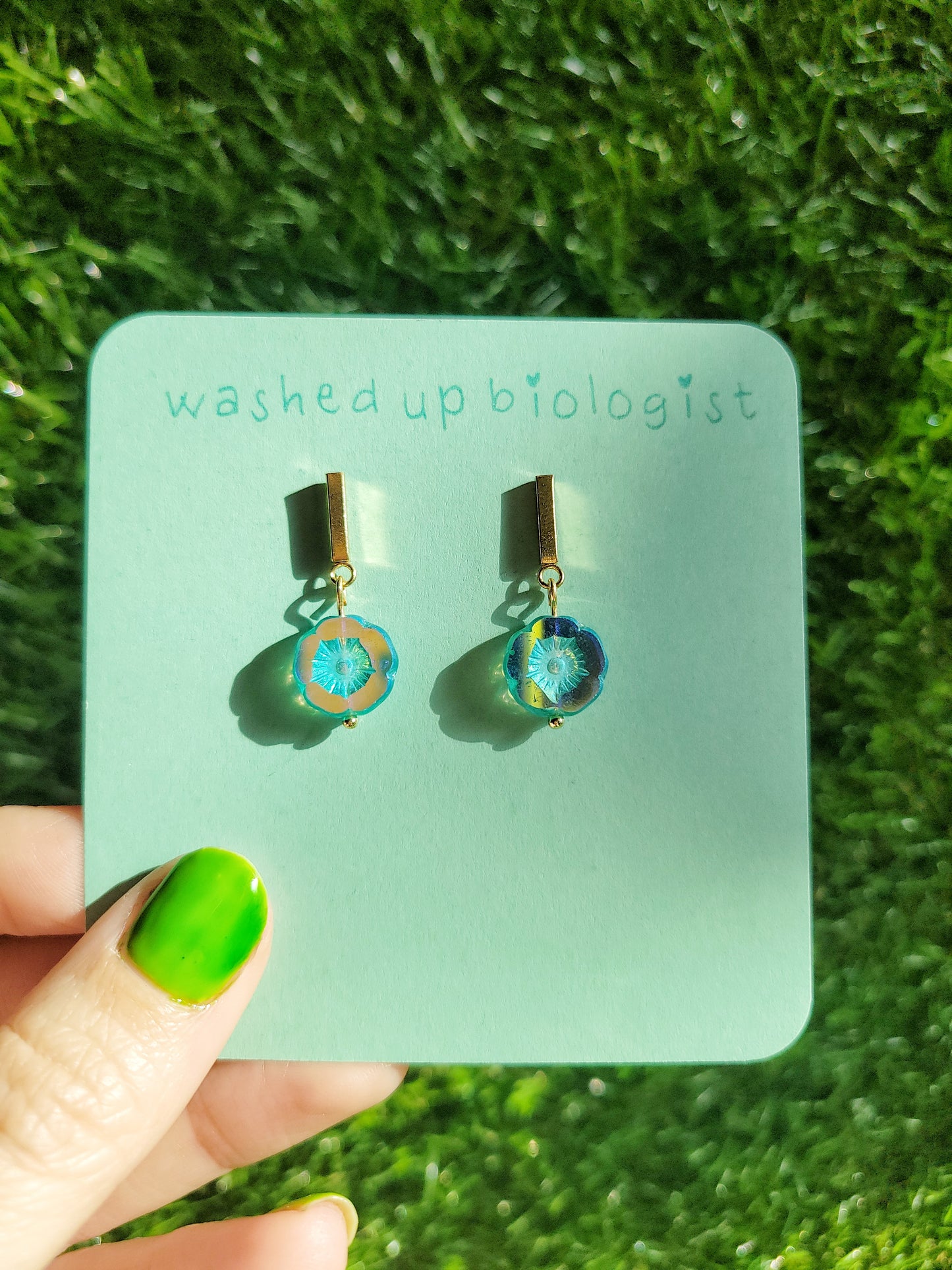 iridescent blue Czech glass flowers