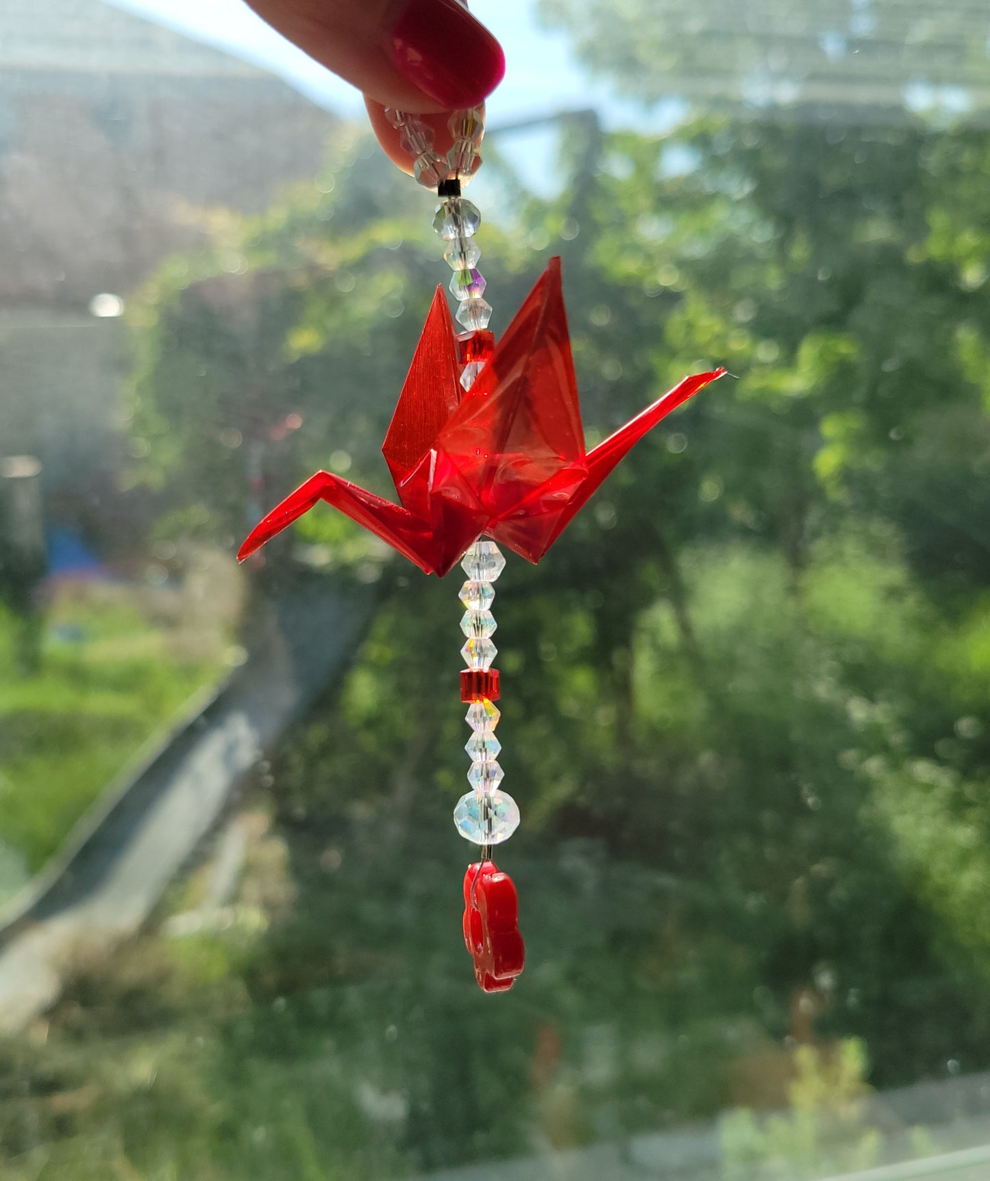 ☀️ mini red origami crane suncatcher ☀️