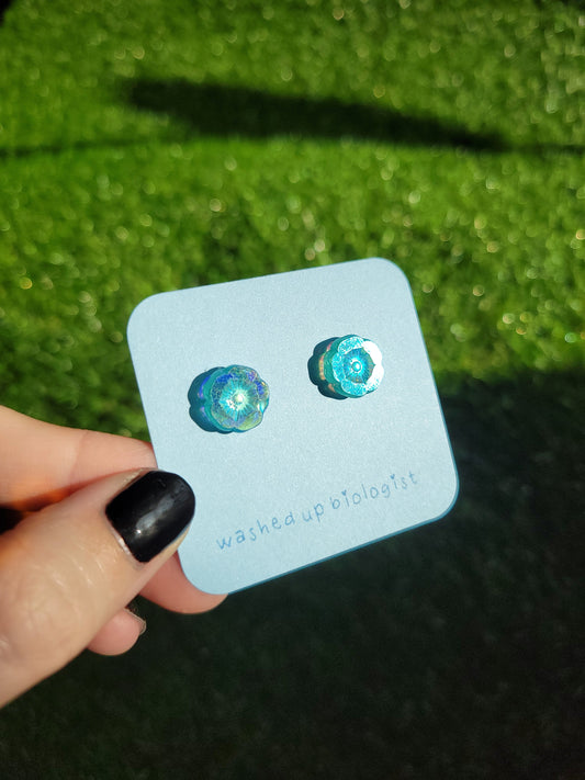 iridescent blue Czech glass flowers hypoallergenic stud earrings