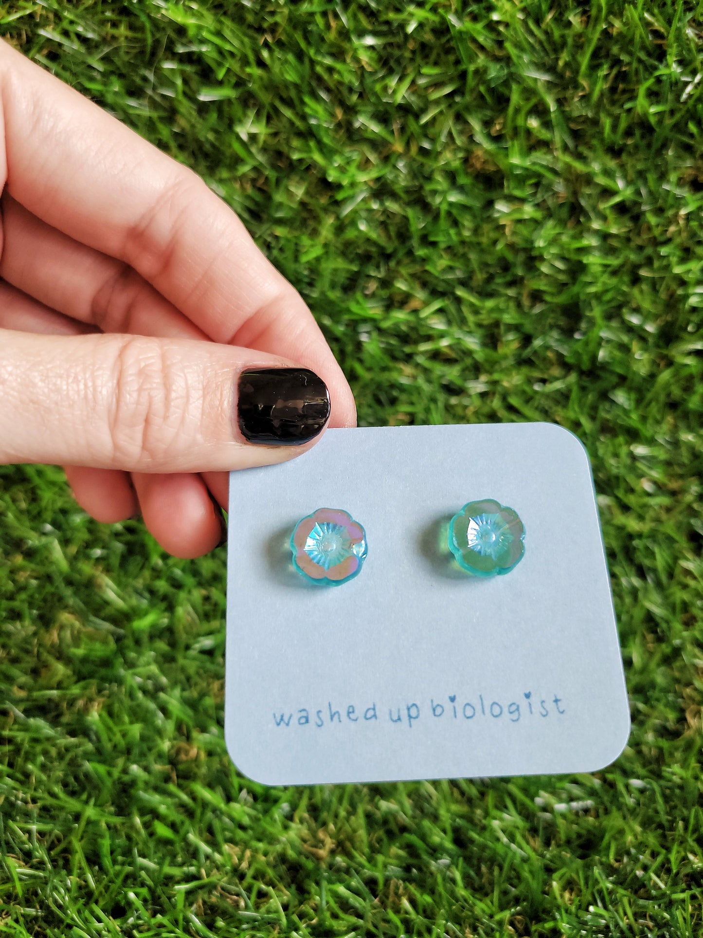 iridescent blue Czech glass flowers hypoallergenic stud earrings