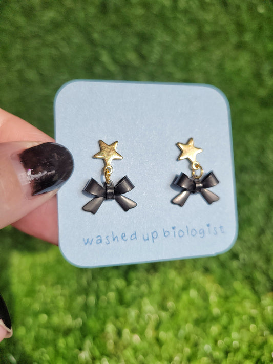 black bow dangly star stud earrings