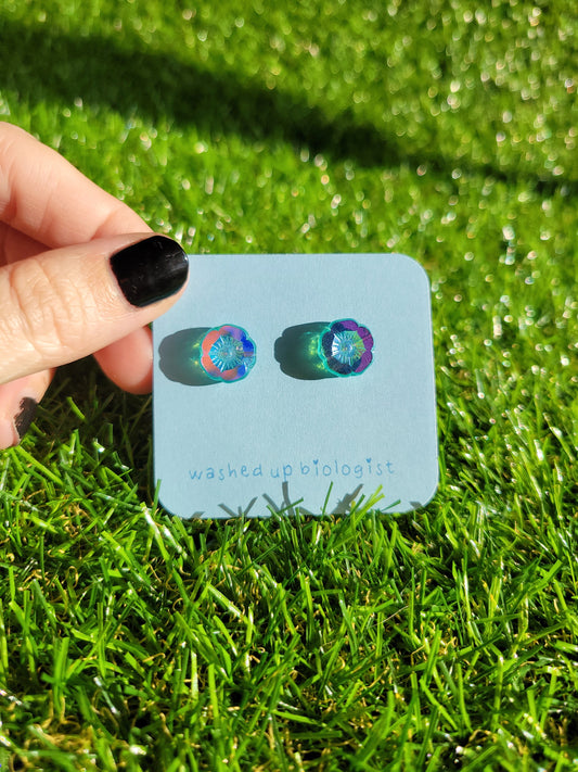 iridescent blue Czech glass flowers hypoallergenic stud earrings