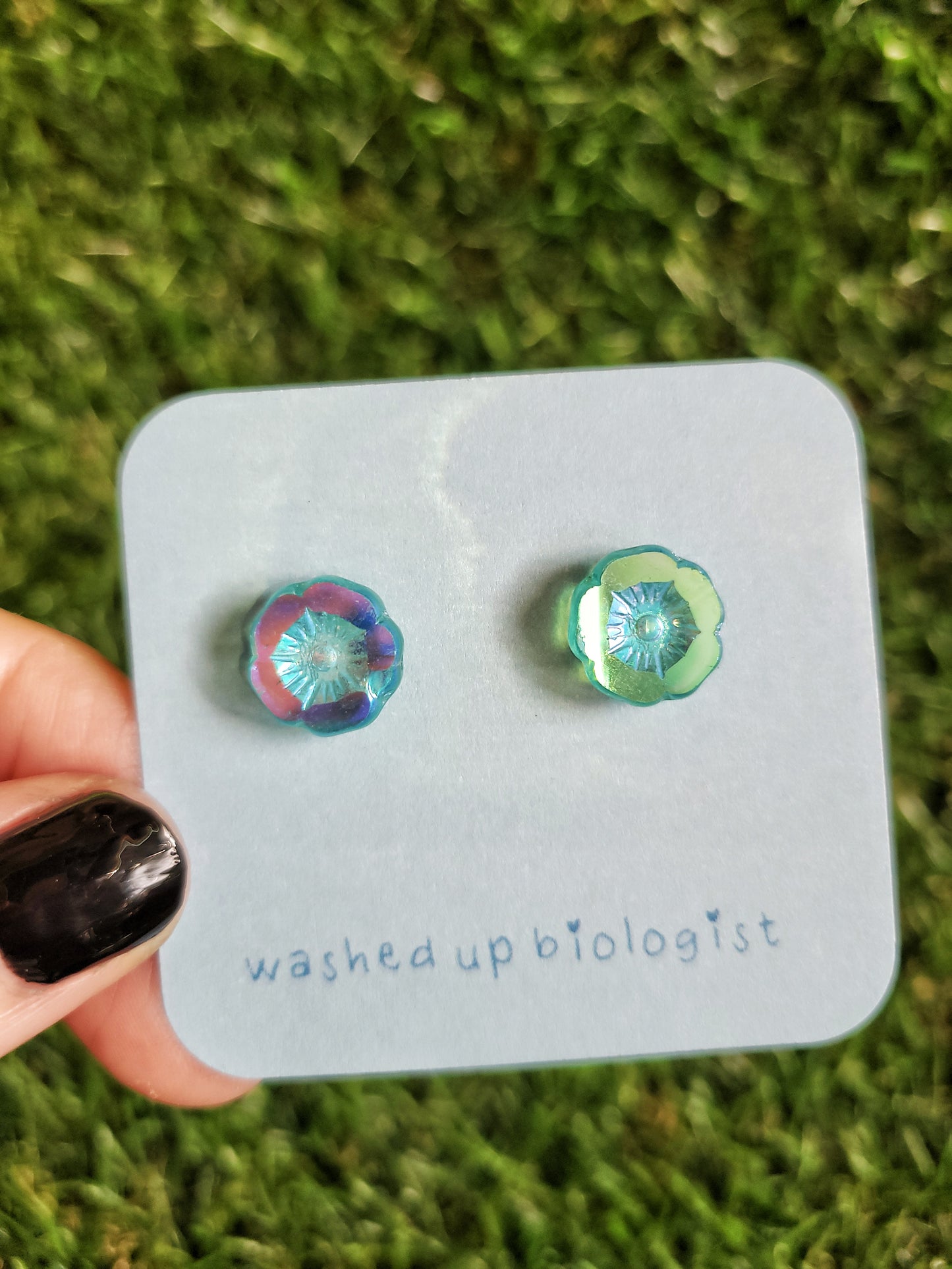 iridescent blue Czech glass flowers hypoallergenic stud earrings